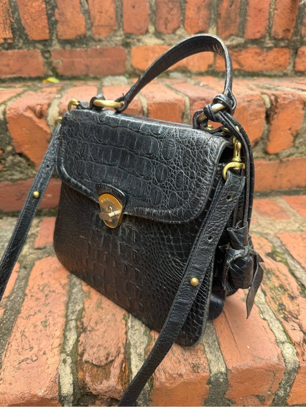 Vintage Brahmin Black Croc Embossed Leather Convertible Top Handle Crossbody Bag